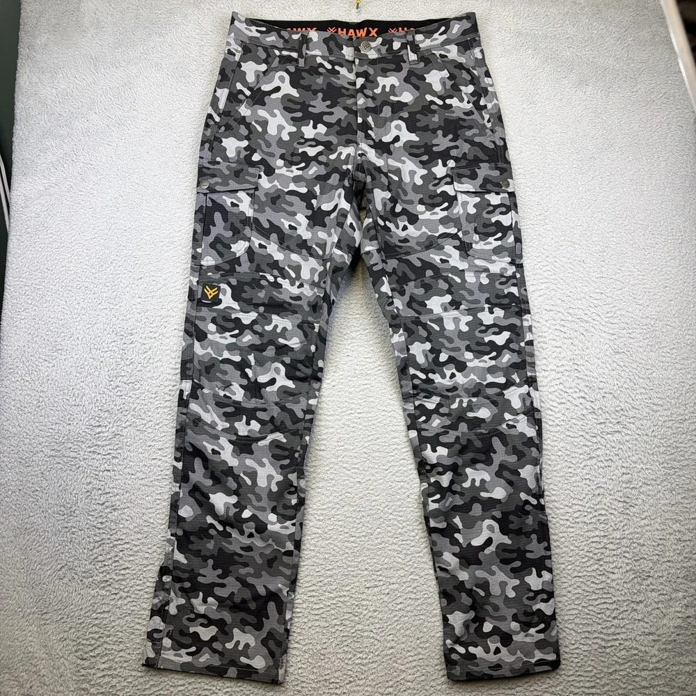 HAWX Pants Mens 33x34 Gray Camo Canvas Cargo Workwear Utility Stretch Rip Stop